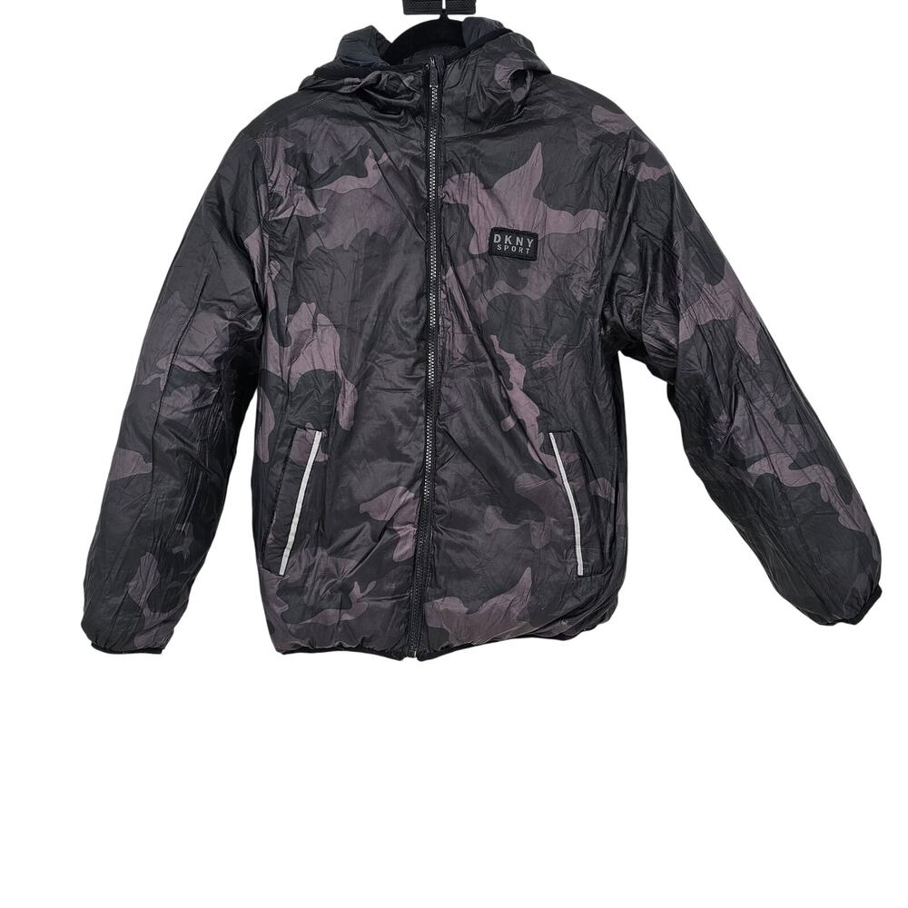 DKNY Sport Kids Black/Camo Reversible Hooded Full Zip Puffer Jacket M 10/12
